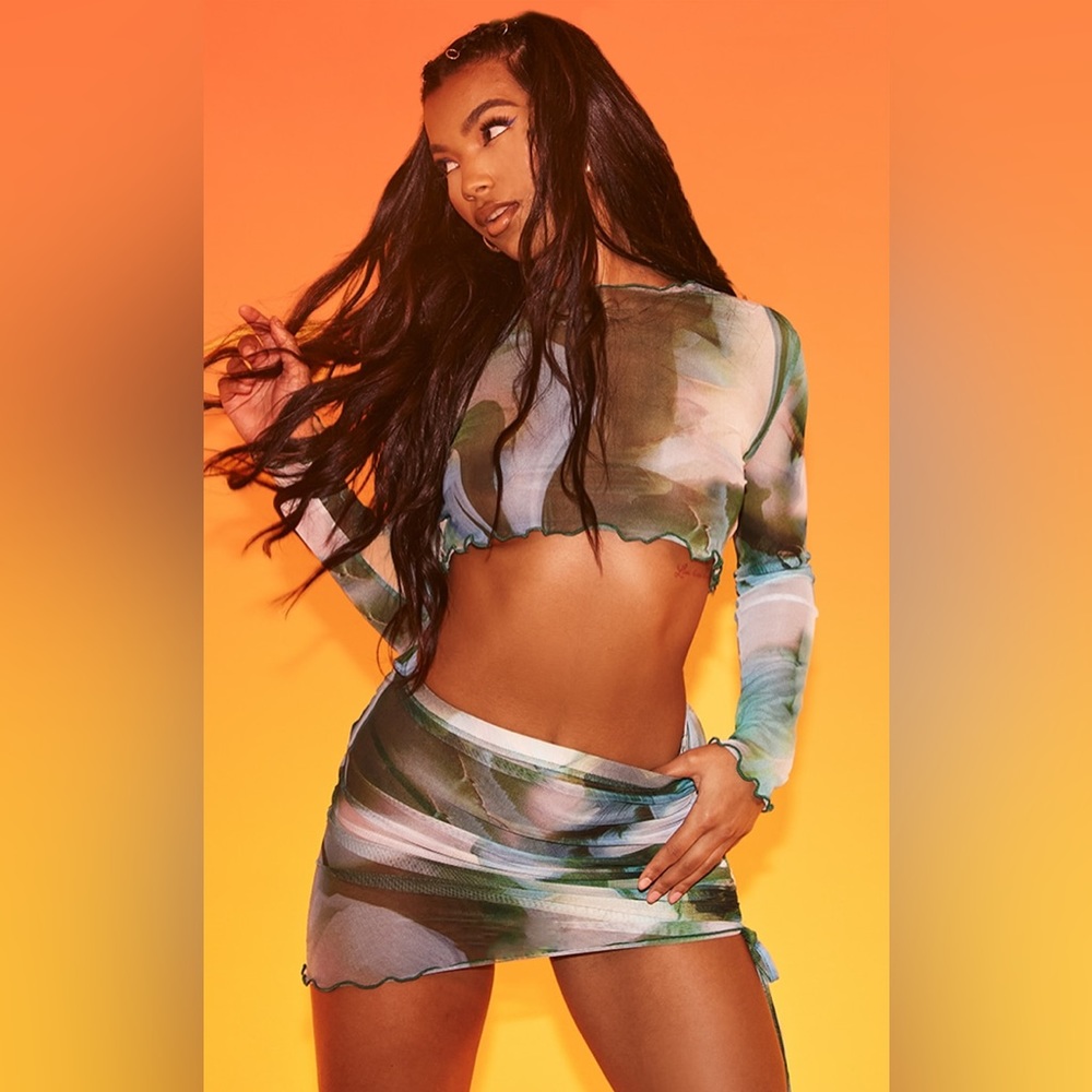 Mesh Long Sleeve Crop Top and skirt